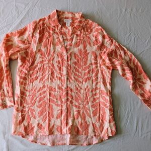 Rachel Zoe Coral and White Leaf Print Button-Up Linen Shirt With Abalone Buttons